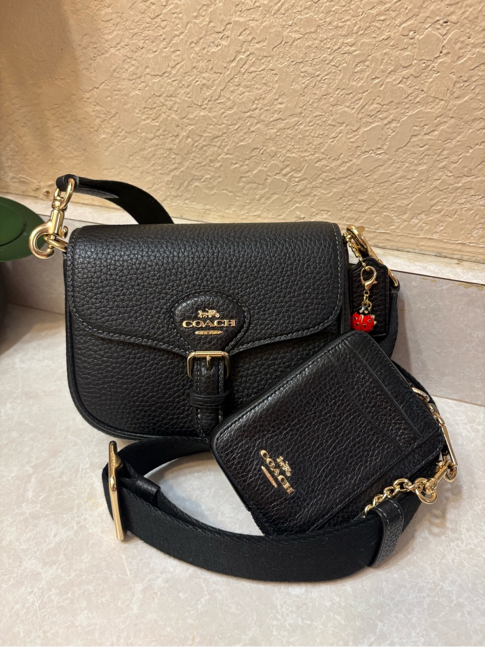 Coach Black Pebbled Leather Crossbody Bag with Coin Pouch